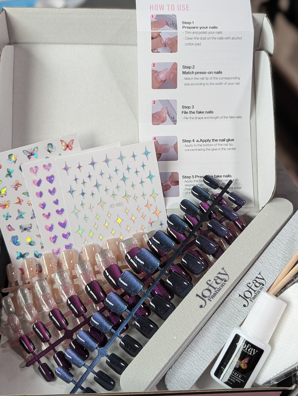 ❤️ 5 Sets! Cat Eye/Glitter Press-On Nails Mani Kit - Glue, File, Buffer, Decals